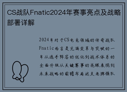 CS战队Fnatic2024年赛事亮点及战略部署详解