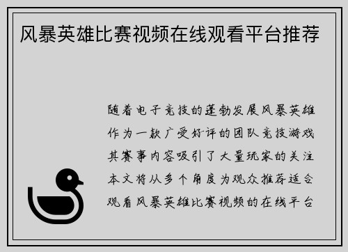 风暴英雄比赛视频在线观看平台推荐